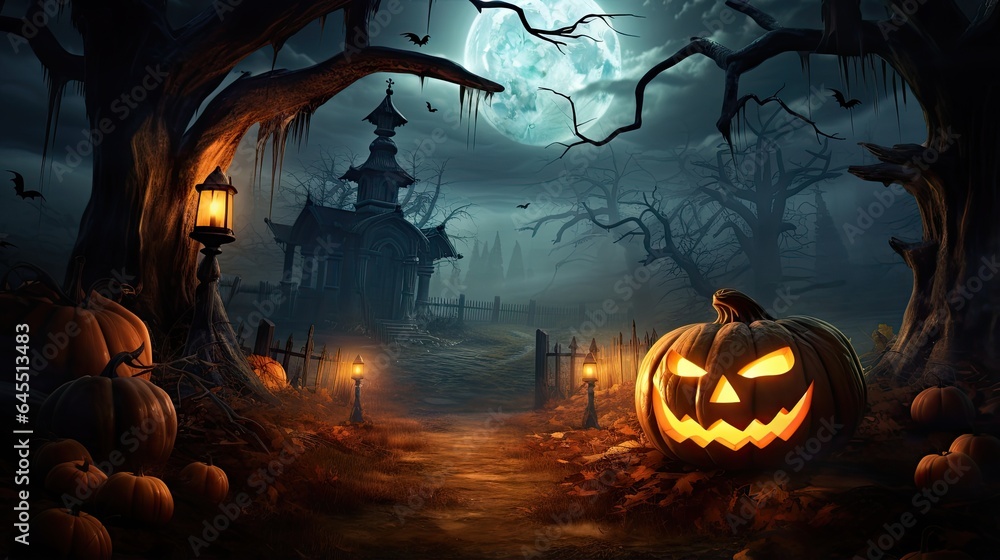 Pumpkins in a graveyard on a spooky night - Halloween background Pumpkins in a graveyard on a spooky night - Halloween background