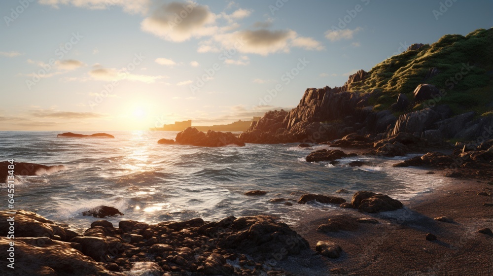 a tranquil coastal cove, with gentle waves lapping against the rocky shore and the sun casting a warm