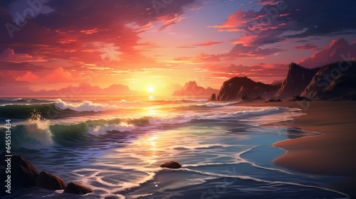 a tranquil beach at sunset  with waves gently washing ashore and the sun setting in a fiery display of colors