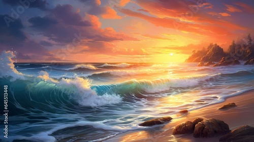 a tranquil beach at sunset, with waves gently washing ashore and the sun setting in a fiery display of colors © Muhammad