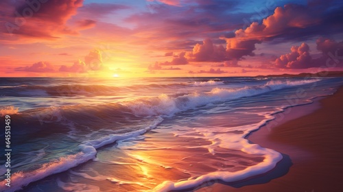 a tranquil beach at sunset  with waves gently washing ashore and the sun setting in a fiery display of colors