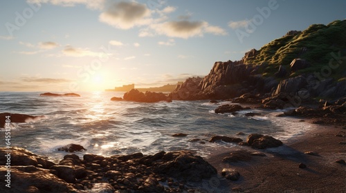 a tranquil coastal cove, with gentle waves lapping against the rocky shore and the sun casting a warm