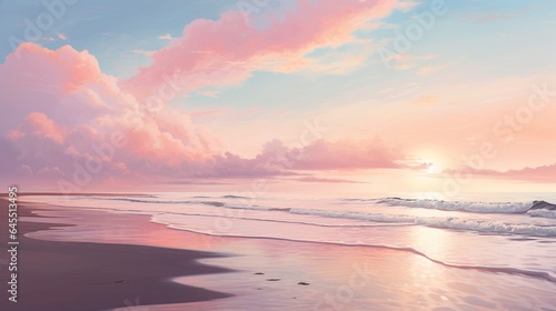 a tranquil summer beach at sunrise  with the sky painted in shades of pink and orange