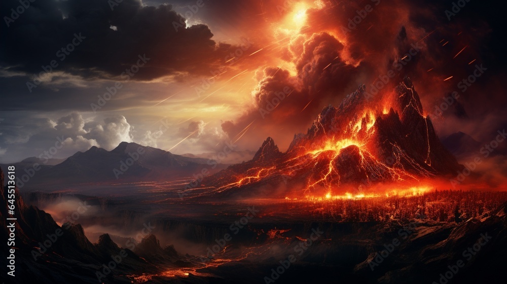 a volcanic eruption, with molten lava spewing into the night sky and the fiery display frozen