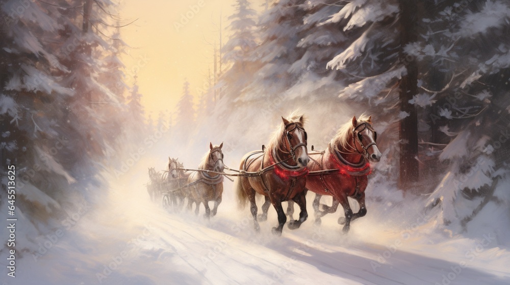 a winter sleigh ride through a snowy forest, with horses, jingling bells - obrazy, fototapety, plakaty 