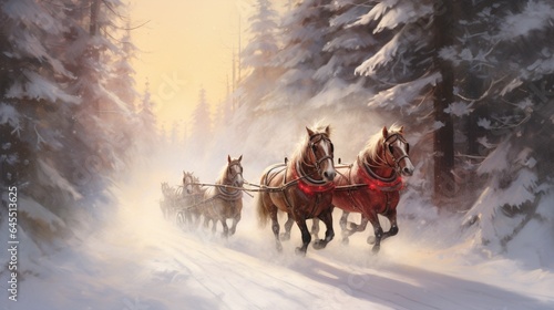 Tela a winter sleigh ride through a snowy forest, with horses, jingling bells