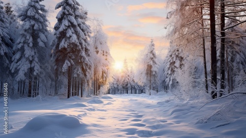 a winter wonderland, with snow-covered trees glistening in the soft sunlight © Muhammad