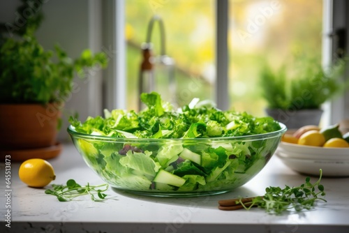 Full bowl of fresh green salad on the table in the kitchen © InfiniteStudio