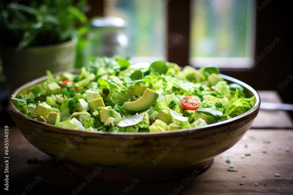 Full bowl of fresh green salad on the table in the kitchen Full bowl of fresh green salad on the table in the kitchen