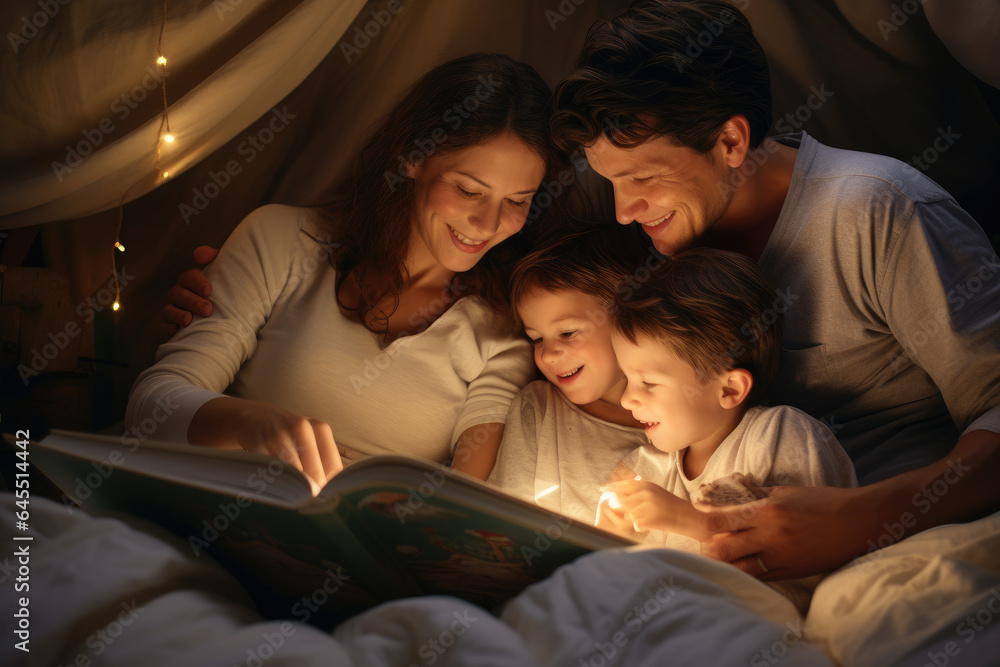 Parent reading bedtime stories, tucking in their children, and sharing a quiet, loving routine