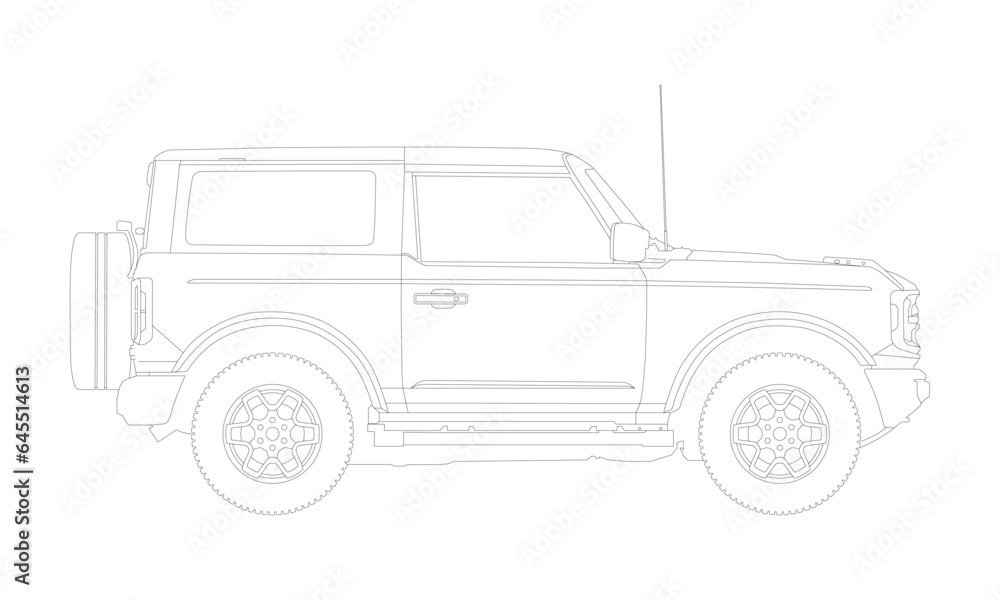 Sport SUV Detailed Vector Template Wireframe Blueprint. Blank SUV Vehicle Template Side View