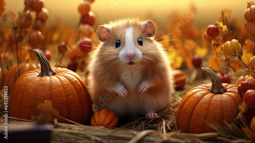 Cute hamster on a field of pumpkins. Hello autumn. Seasons greetings for Thanksgiving or Halloween.