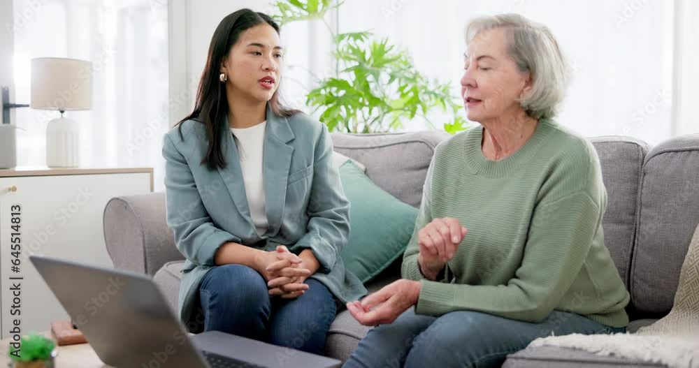 Retirement investment, woman and senior with communication and laptop for life insurance, mortgage loan or finance on sofa in home. Accounting, people and financial budget for asset management