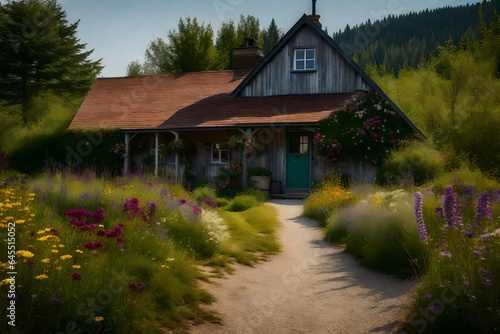 The inviting entrance of a farmhouse, with a gravel driveway and a front yard filled with wildflowers © Fahad