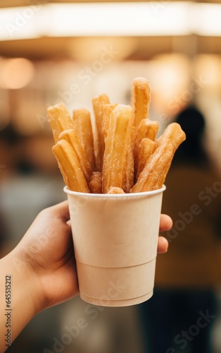 Churros traditional Spain or Mexican street fast food, baked snack made from sweet dough in a paper cup in hand.