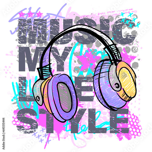 Urban style modern t-shirt with  headphones and graffiti. Grunge style illustration for teen girl.
