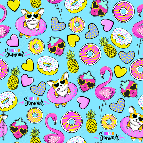 Fashion tropics funny wallpapers. Seamless pattern with pineapples, strawberries, hearts, flamingo and corgi on blue background. Bright summer funny design for fabric and decor