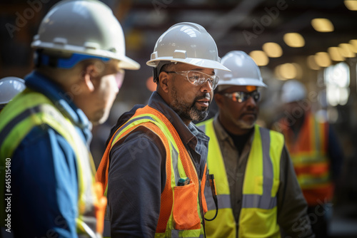 Workers wearing safety helmets, vests, and gear