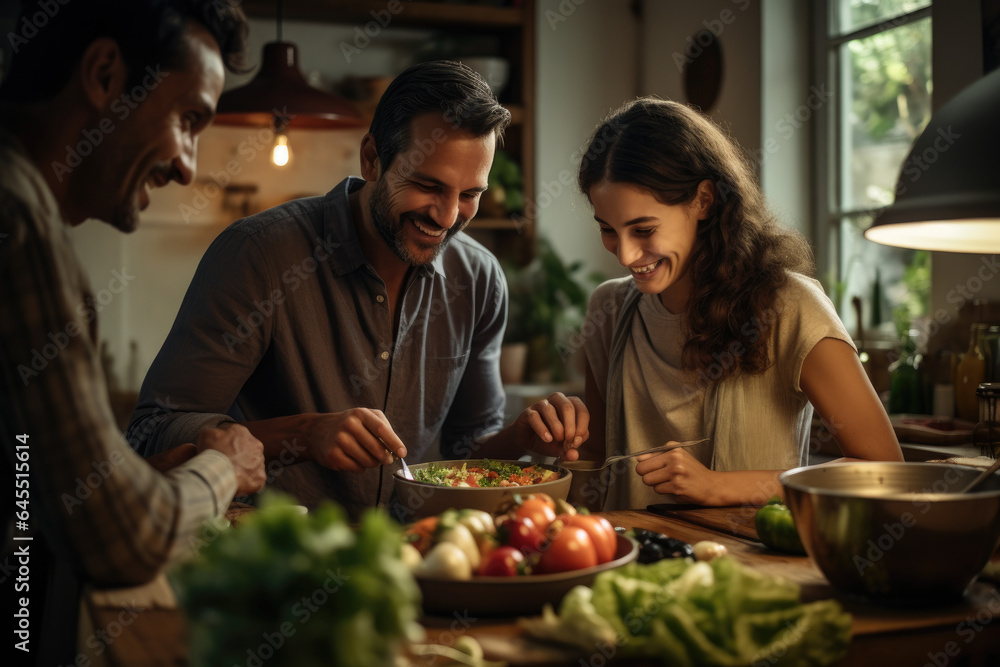 Joyful family bonding while preparing a homemade meal together