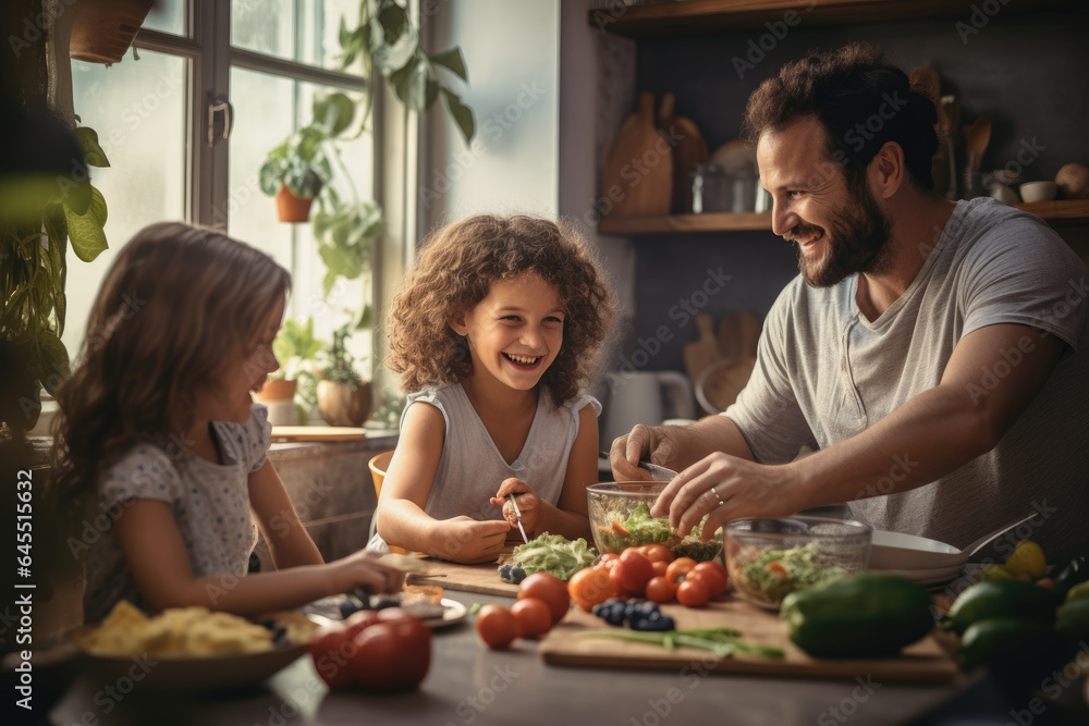 Joyful family bonding while preparing a homemade meal together Joyful family bonding while preparing a homemade meal together