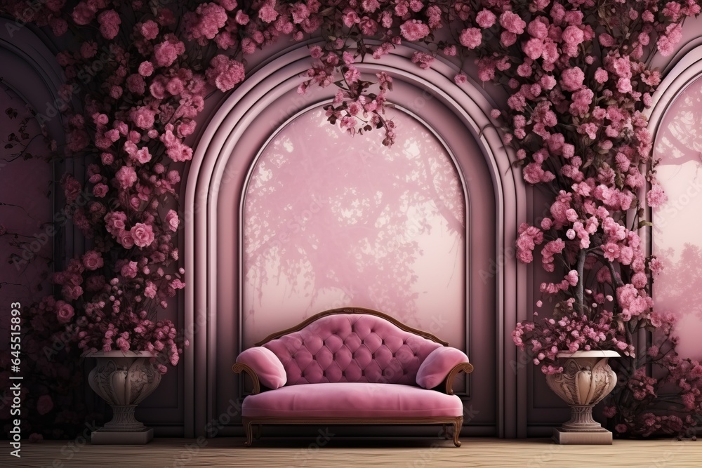 Royal sofa in a beautiful room with flowers. Luxury background