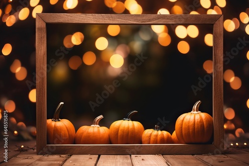 Beautiful pumpkin on a wooden floor. Festive Halloween bokeh background with empty space. photo