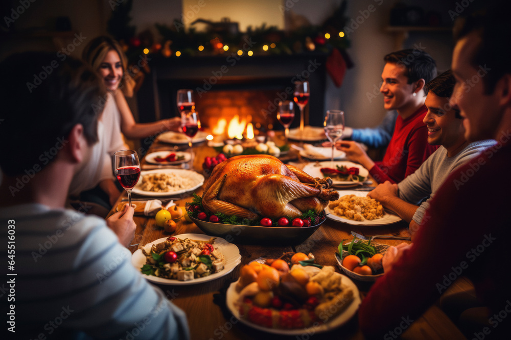 Family sits at a Thanksgiving holiday turkey dinner on a table