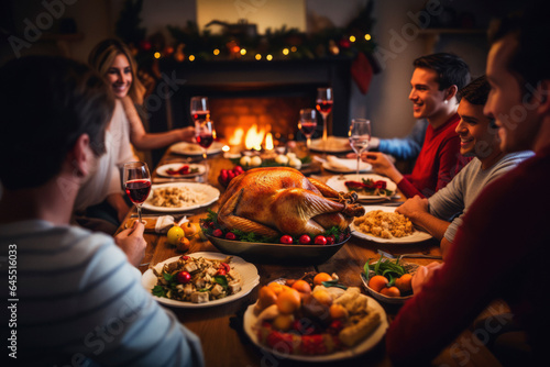 Family sits at a Thanksgiving holiday turkey dinner on a table