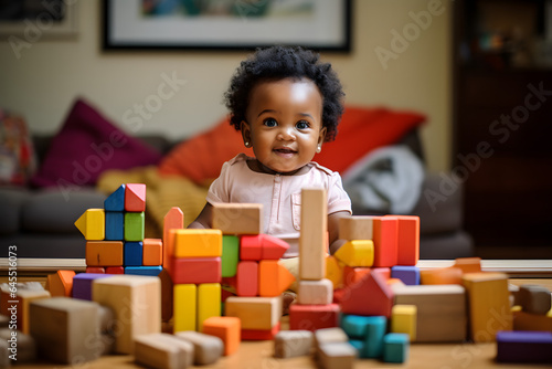 Vibrant Playtime: Black Baby Girl and Toddler's Adventures with Blocks, Captured in Bold Colorism and Lively Tableaus