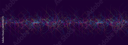 Seamless wide abstract futuristic circuit board with colorful random tangled streaming gradient thin lines. Artificial Intelligence, new technology development or big data concept. Vector background