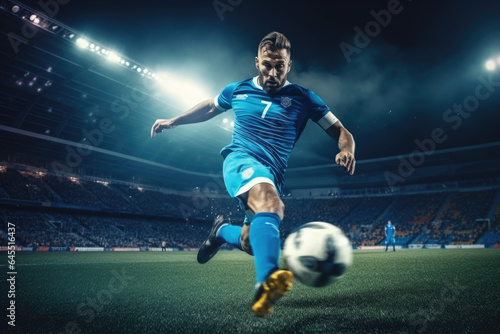 Football player kicking ball in soccer stadium