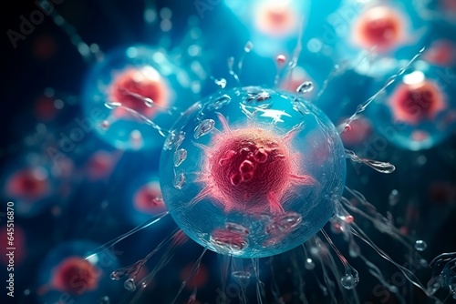 3D rendering of human stem or embryonic stem cells under a microscope. Cellular therapy and regeneration of body cells.