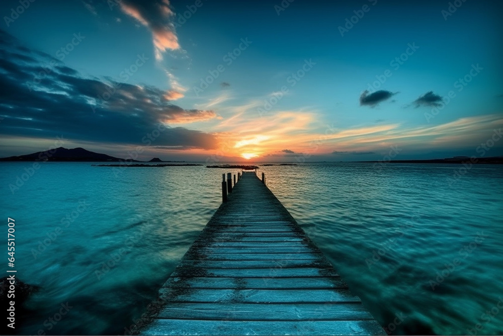 Serenity blue breathtaking sunset on the pier wallpaper
