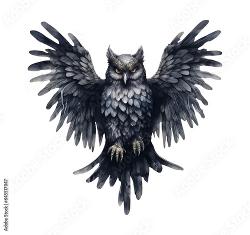 Gothic owl watercolor clipart illustration with isolated background