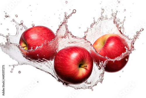 Splashing red apples on white background