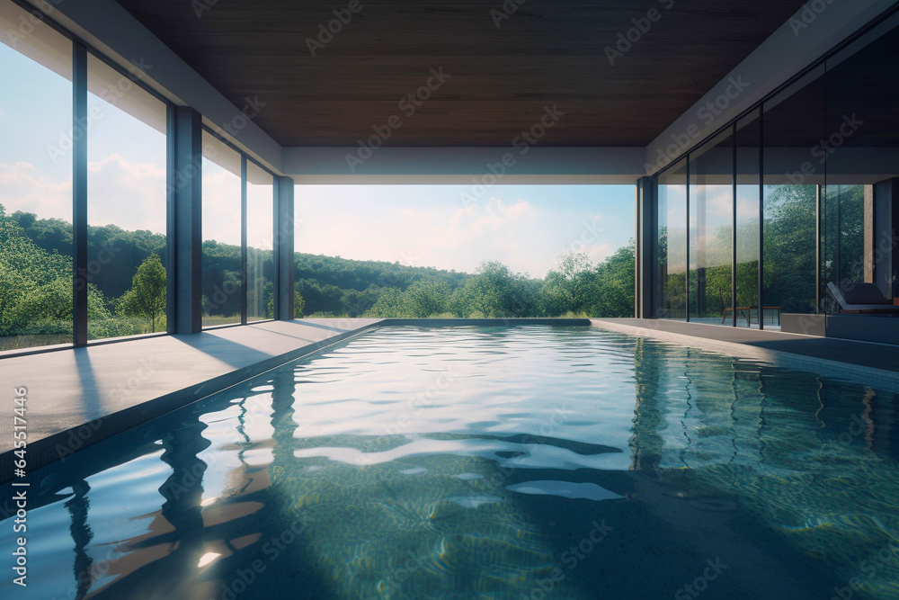 Indoor pool with mountain's view from the window in a luxury hotel building