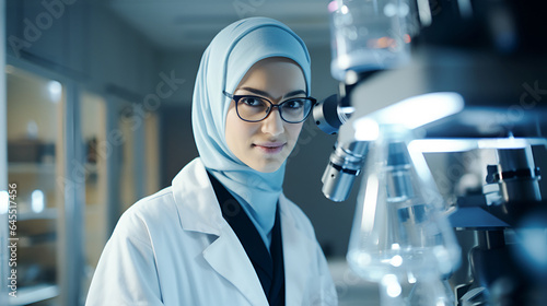 A young Muslim medical student in a hijab looks at the camera while working with a microscope doing medicine and biotechnological research in a laboratory.