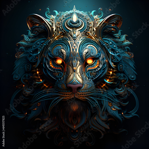 tiger in metal armor with beautiful ornaments, portrait