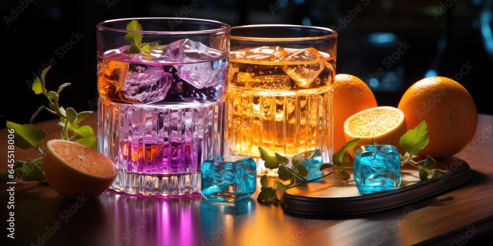 Variety of alcoholic drinks and multi colored cocktails. Generative AI