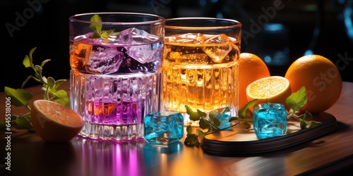 Variety of alcoholic drinks and multi colored cocktails. Generative AI © piai