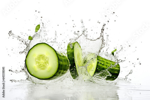 Splashing cucumbers on white background