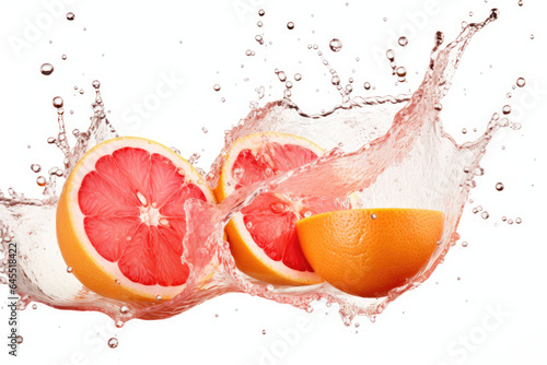 Splashing grapefruits on white background