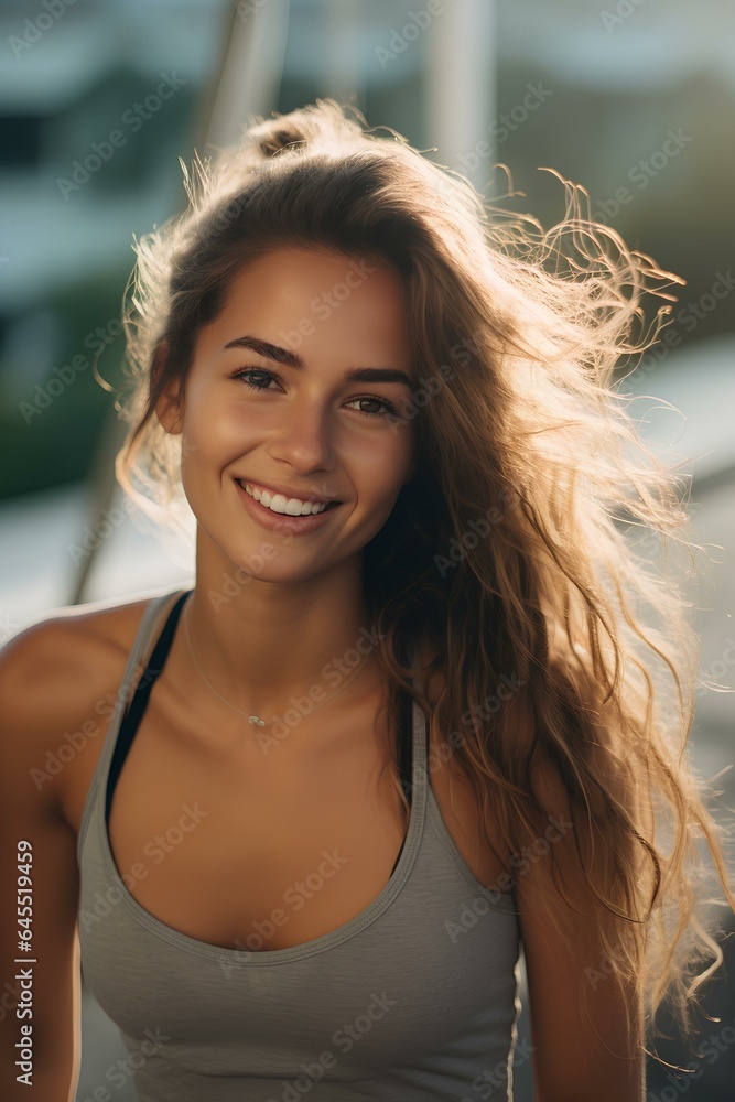 woman warming up for a morning workout outdoors. A woman smiling after jogging in the morning, feeling a sense of accomplishment and happiness. Healthy lifestyle concept. generative AI