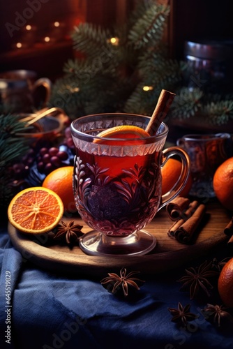Aromatic hot mulled wine in vintage glass with spices and citrus fruit on a wooden rustic table. Concept of festive atmosphere and cozy winter mood. Traditional hot drink at Christmas time