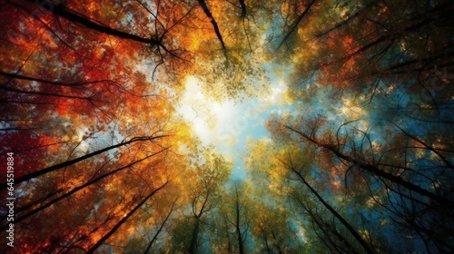 Looking up at a autumn forest full of colors with tall trees stretching out towards the sky, creating a canopy