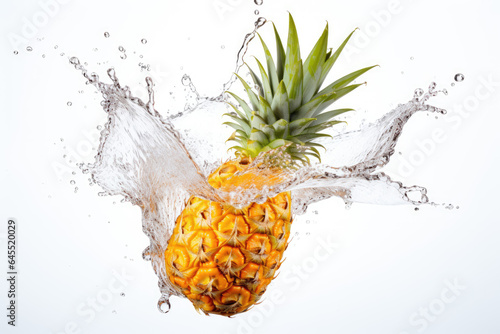 Splashing pineapple on white background