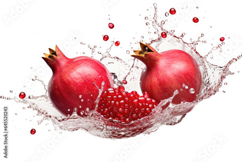 Splashing pomegranates on white background