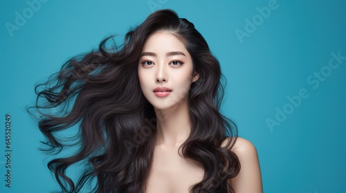 Asian beauty woman with curly long hair, korean cosmetics on her face, and flawless skin on an isolated blue background. generative ai