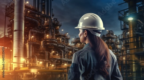 women engineering in oil factory. Inside oil and gas refinery plant industrial facility at night for inspection safety, a female petrochemical engineer works. generative ai