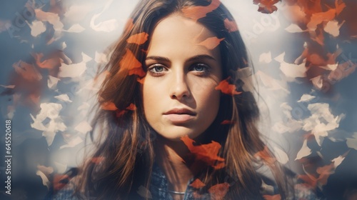 Woman with long hair surrounded by autumn leaves in double exposure technique